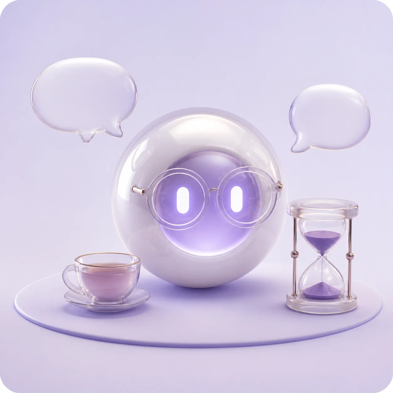 Mini wearing glasses beside a teacup and hourglass