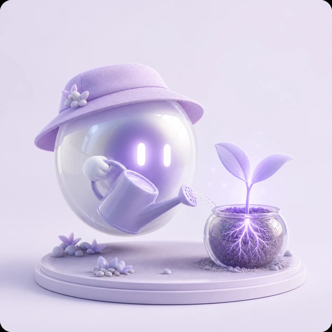 Mini tending a young plant with a watering can