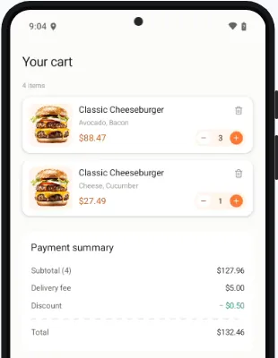 The cart screen in the run’s recording, with its payment summary