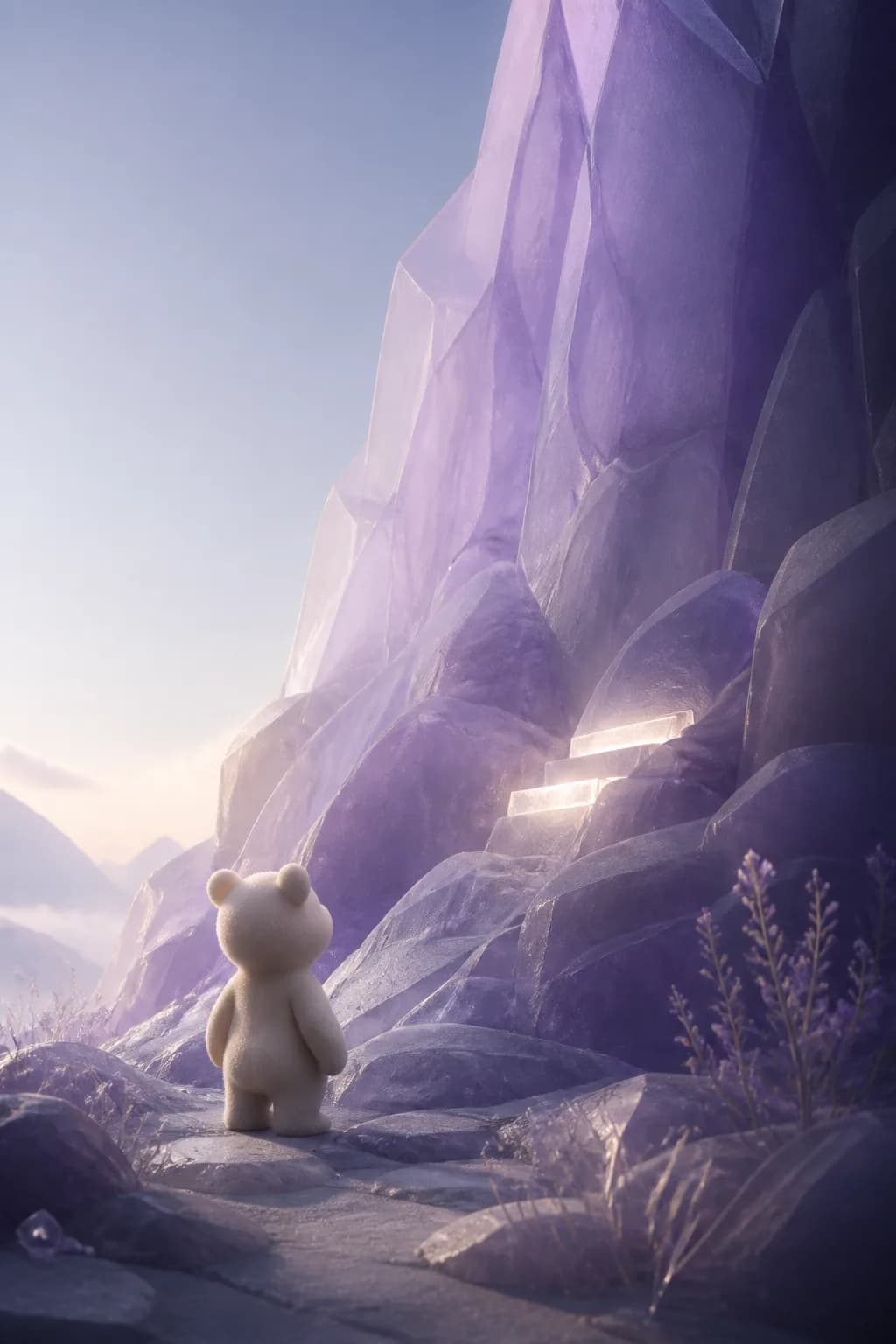 A small white bear faces a luminous path up a vast glass mountain.