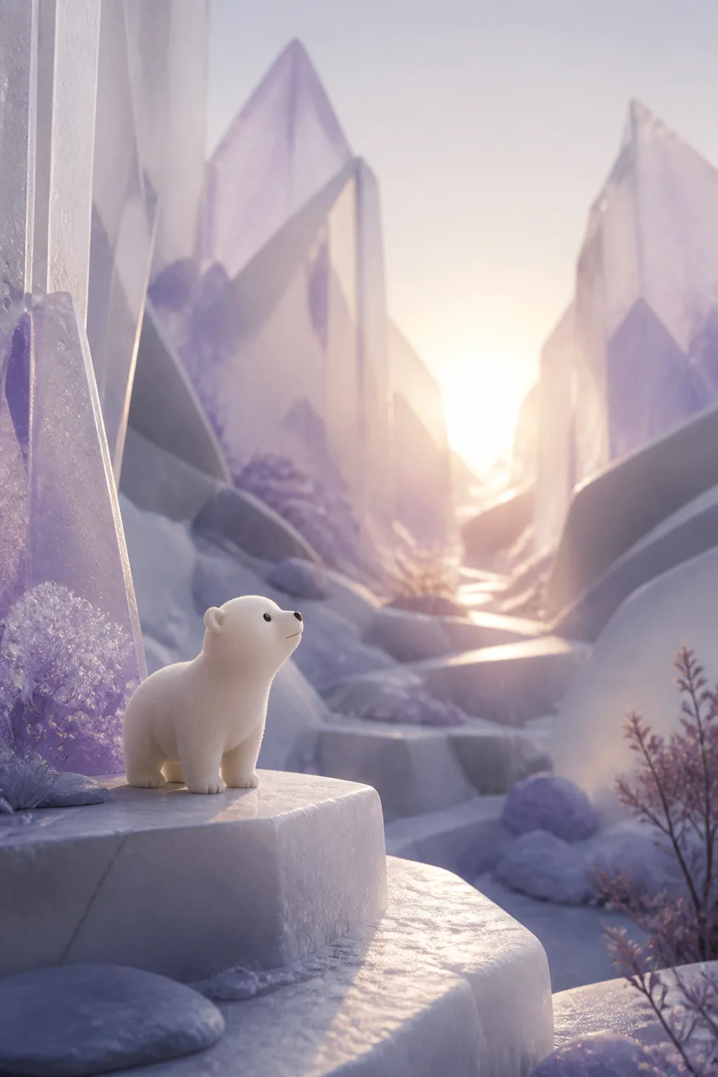 A small white bear looks toward a sunrise opening between glass peaks.