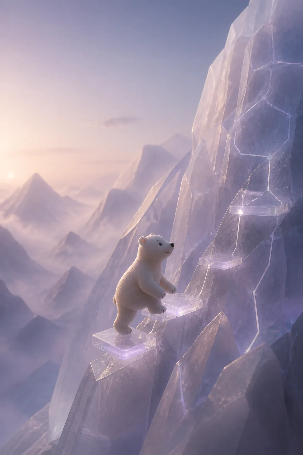 A small white bear steps across delicate illuminated glass footholds.