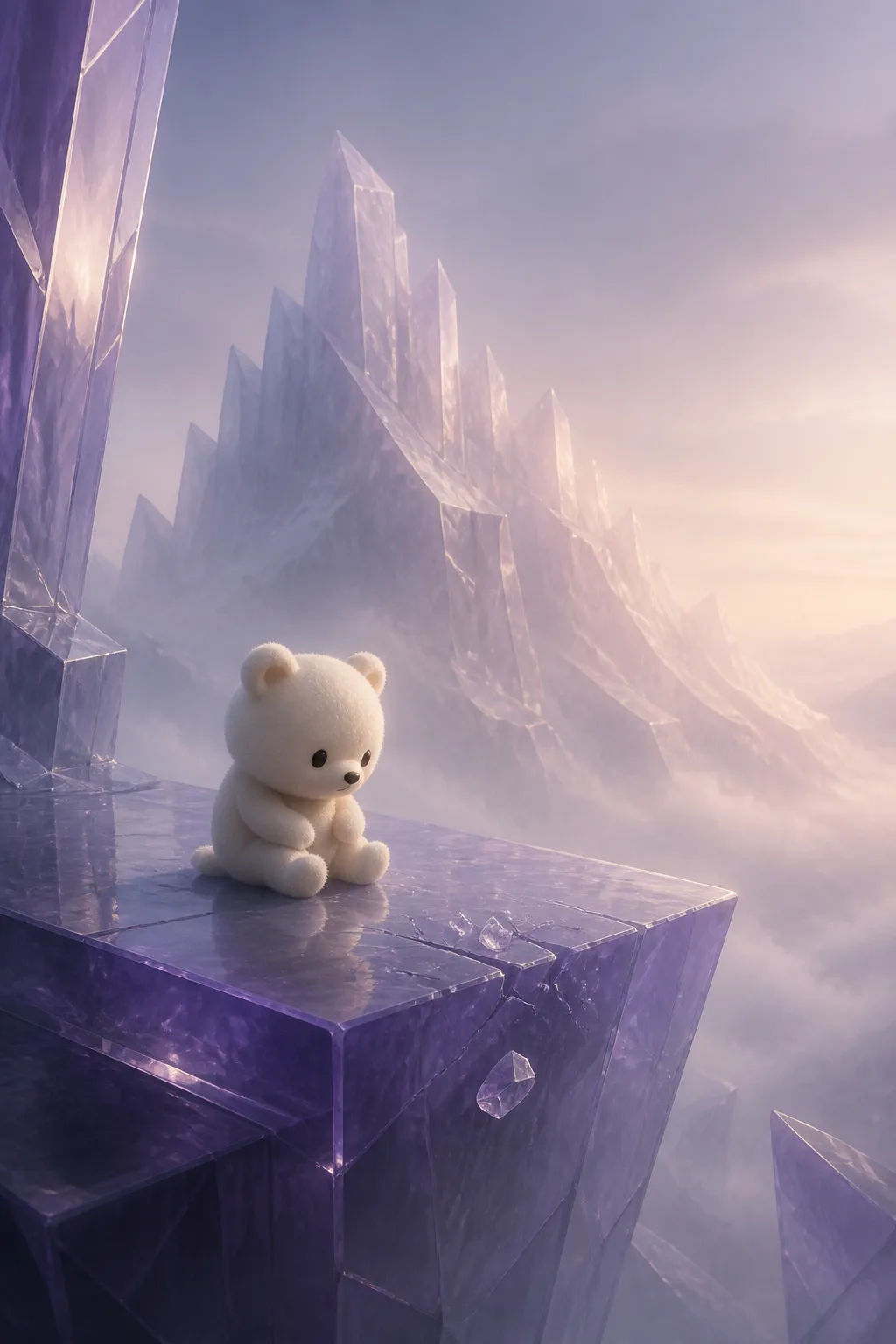 A small white bear pauses on a dark glass ledge after a difficult climb.
