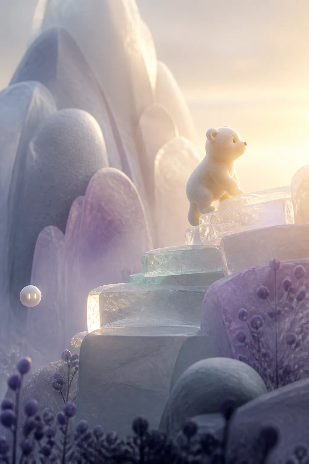 A small white bear climbs translucent steps toward dawn with Mini nearby.