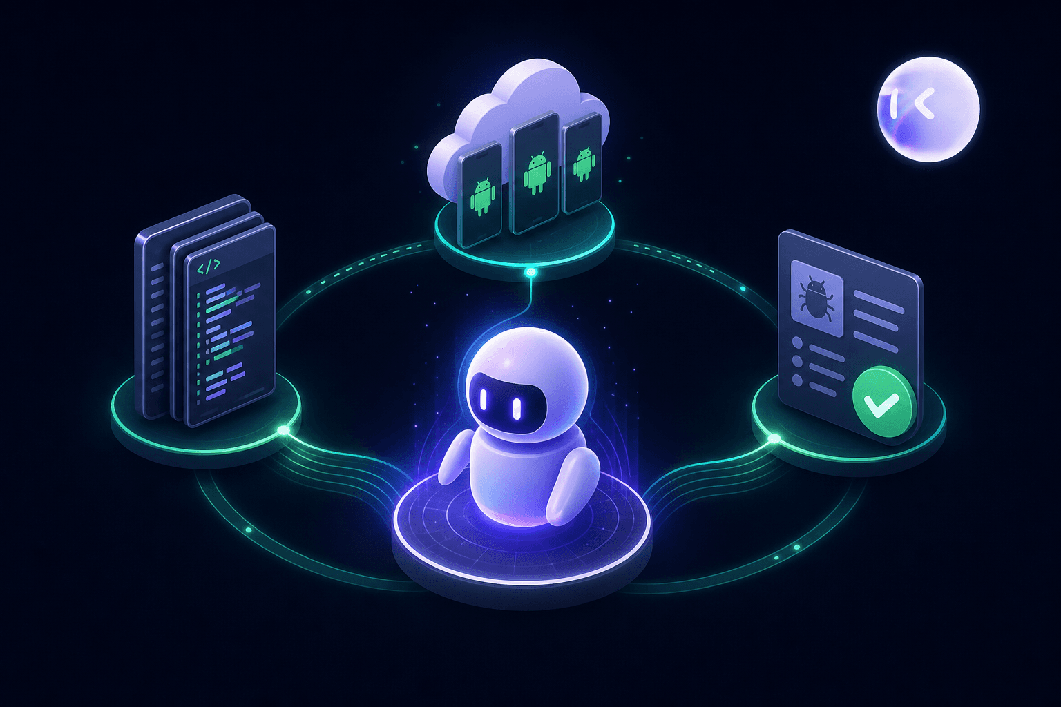 A clean isometric illustration of an autonomous AI agent represented as a glowing robot or mechanical figure sitting at the center of a circular workflow diagram, connected by flowing lines to icons representing a mobile app codebase on the left, cloud Android emulators in the middle, and a bug report with a checkmark on the right, all on a dark navy background with green and teal accent glows, no text or labels anywhere in the image
