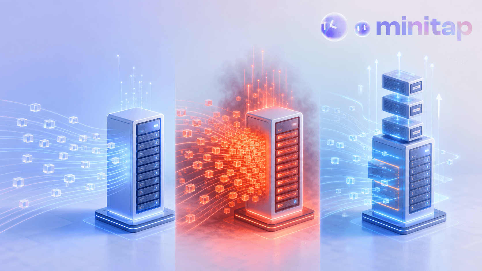 A conceptual illustration of a server infrastructure under three different traffic conditions side by side: on the left, a calm steady stream of data packets flowing smoothly into a server rack; in the middle, a much larger surge of data packets overwhelming a server rack with warning-colored stress indicators like glowing red heat; on the right, a server rack expanding with additional modular units stacking upward to handle growing demand. Clean modern technical illustration style, blue and orange color palette, no text, no words, no letters, no numbers.