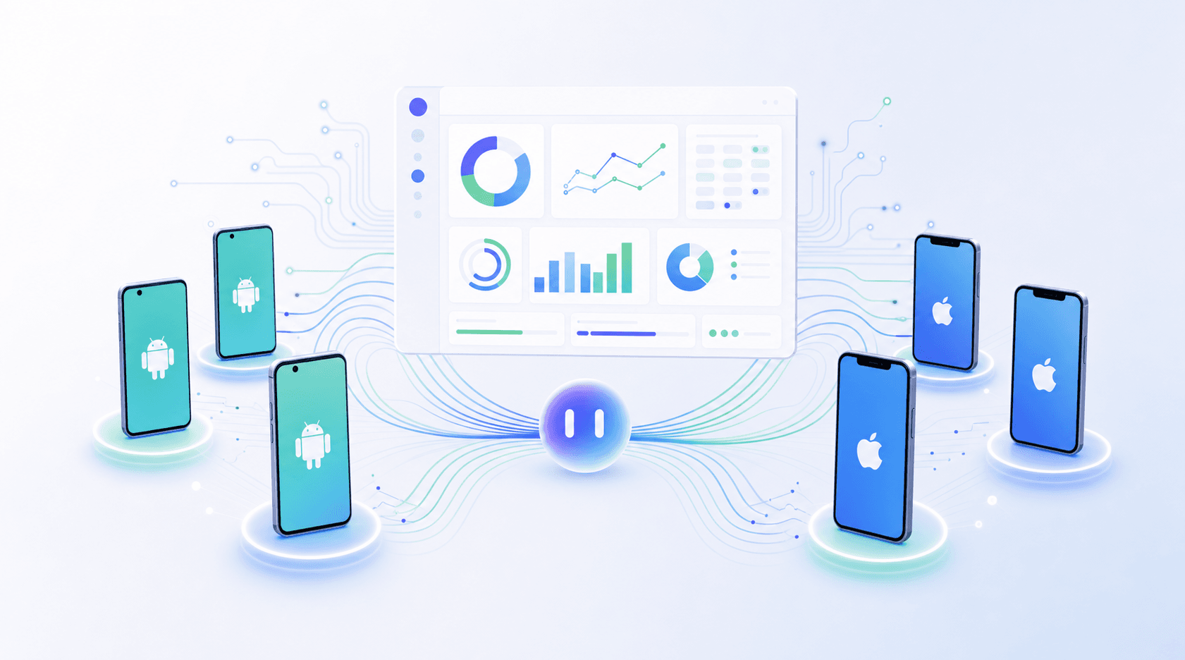 Mobile testing workflow connecting multiple smartphones to a results dashboard