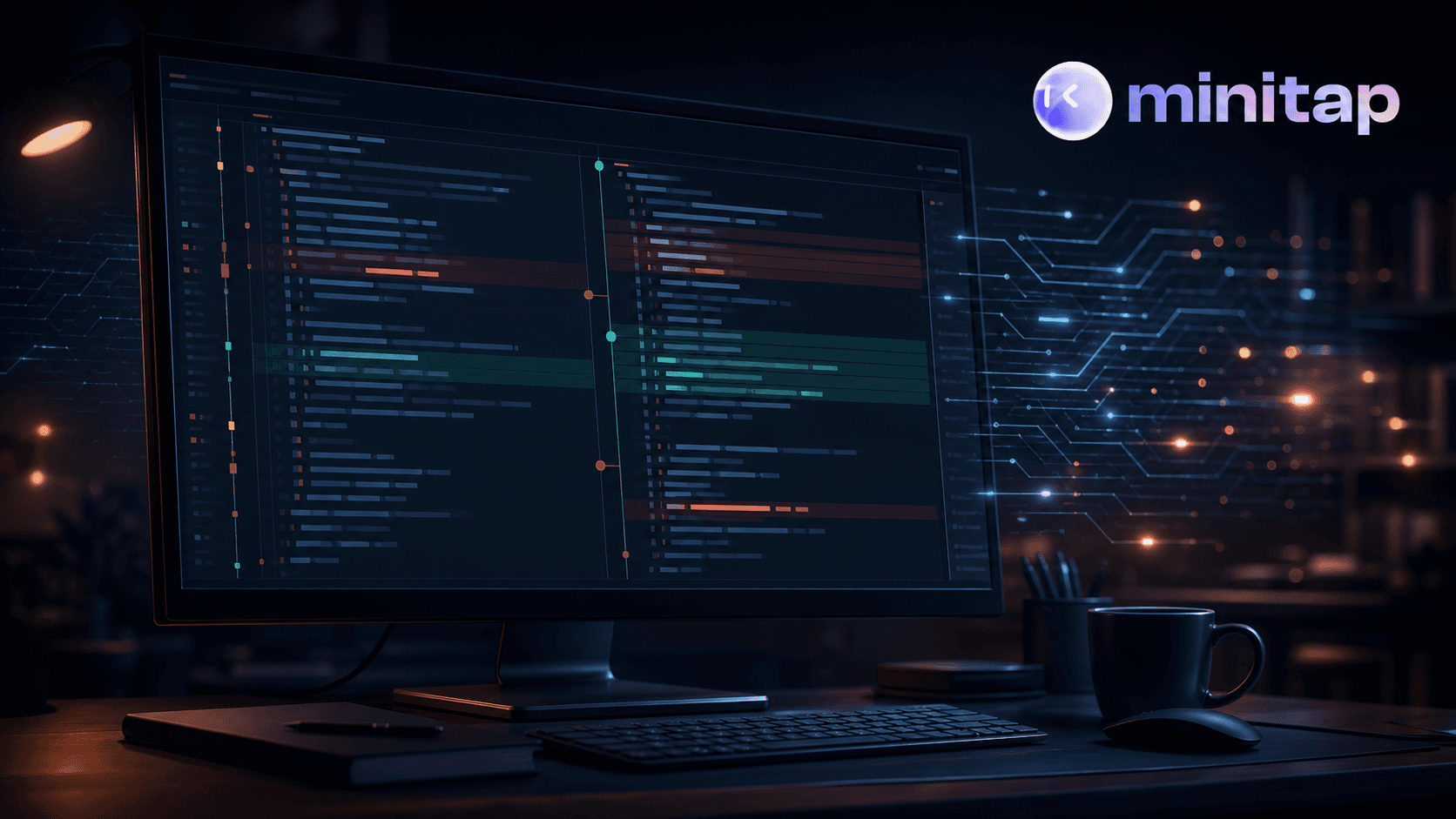 A dark-themed developer workspace showing a computer screen with a pull request diff view, glowing code lines with subtle red warning highlights scattered throughout, abstract circuit-like patterns in the background suggesting automated analysis scanning through code, cool blue and amber tones, cinematic lighting, no text or labels