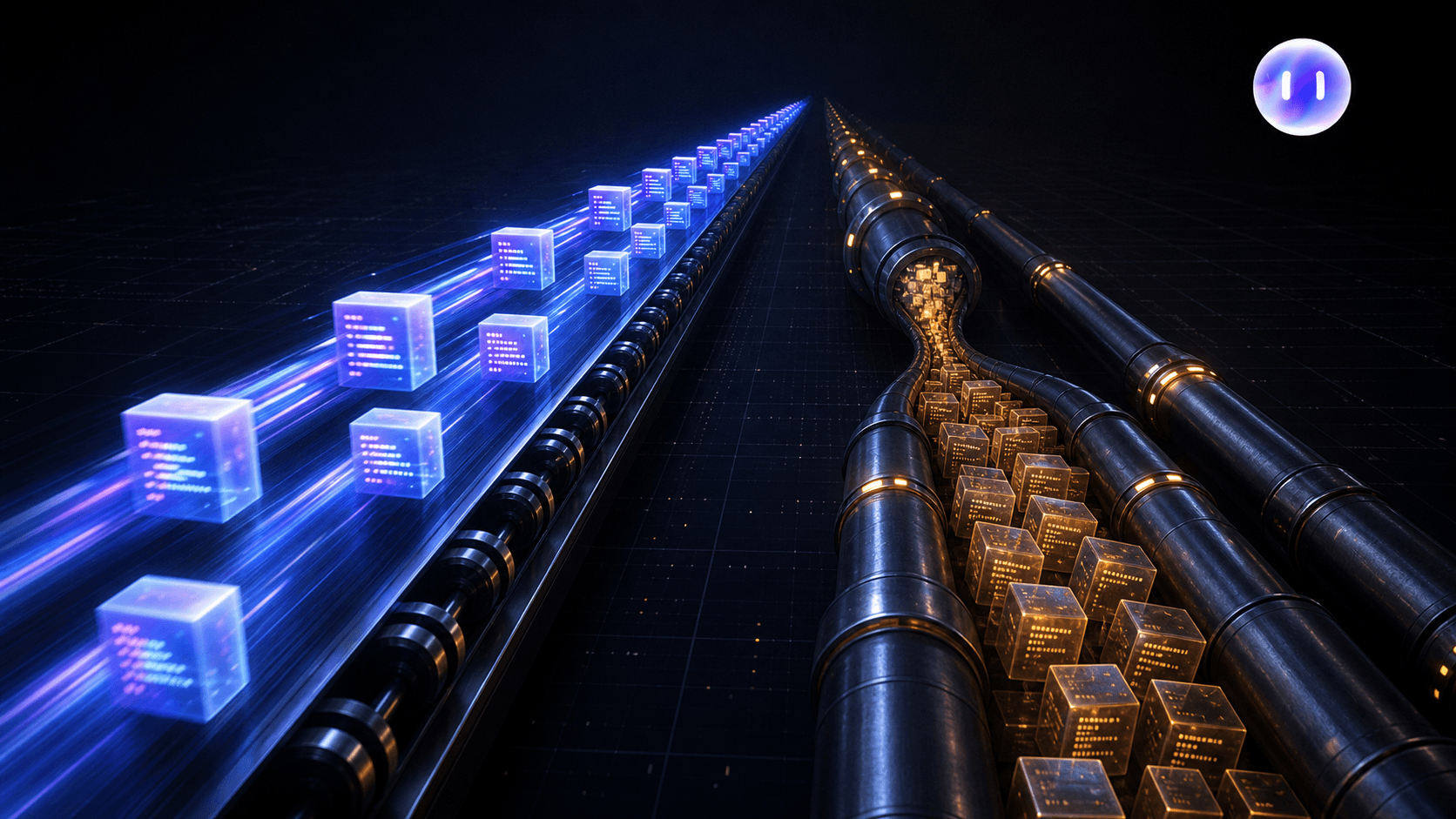 A split visual showing two parallel pipelines: on the left, a fast-moving conveyor belt with glowing code blocks rushing forward at high speed, representing rapid AI code generation; on the right, a much slower, backed-up pipeline with a bottleneck, representing test verification struggling to keep pace. The gap between the two pipelines widens as it extends forward, illustrating a growing structural mismatch. Dark tech-themed background with blue and amber accent lighting, no text or labels anywhere.