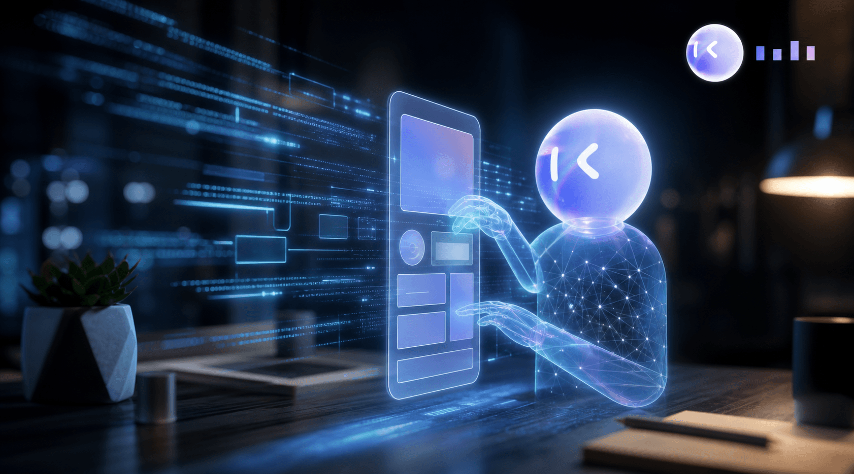 A moody, realistic photo of a translucent, glowing digital agent figure or neural network overlay interacting with a holographic mobile app interface floating above a desk, streams of abstract code and UI element outlines flowing into the interface, showing adaptive intelligence reading and reshaping a mobile screen layout in real time, blue and cyan lighting, cinematic depth of field, futuristic and analytical mood, photorealistic, no text or words or letters visible anywhere in the image.