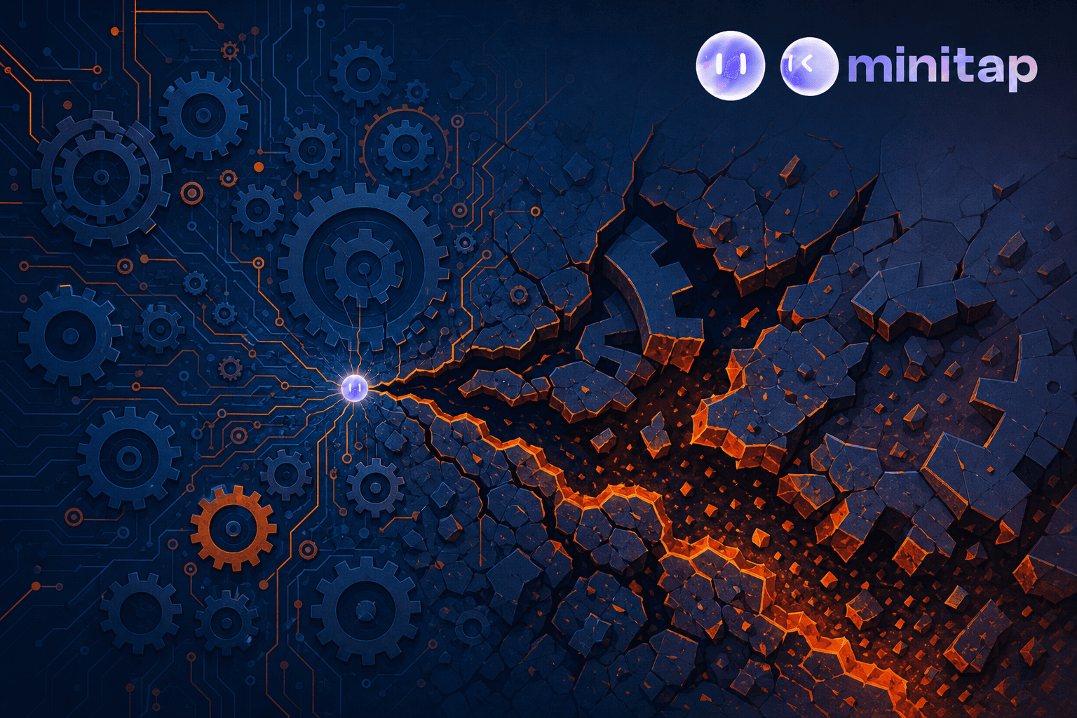 A conceptual editorial illustration of a small crack in a network of interconnected gears and circuit lines rapidly spreading into a large fracture, symbolizing a tiny technical flaw cascading into massive systemic failure. Modern tech-editorial style, dark blue and orange color palette, abstract geometric shapes, subtle circuit-like linework, dramatic scale contrast between the small origin point and the large spreading damage, no text, no words, no letters, no numbers.