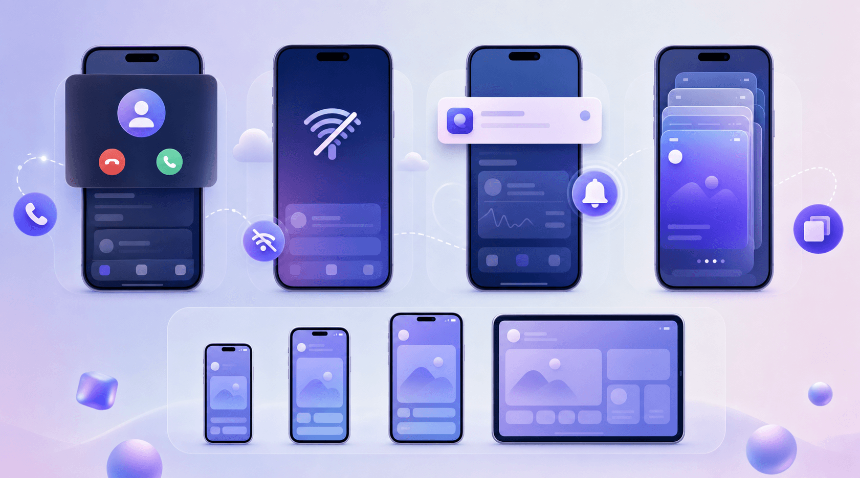 A modern illustration showing mobile app testing scenarios across different device states. Display a smartphone in multiple states: one showing a phone call interrupting an app, another showing offline/no network icon, one displaying a push notification overlay, and one showing different screen sizes from compact phone to tablet. Use a clean tech aesthetic with blues and purples. Show the challenges of mobile runtime conditions like interrupted connectivity, background processes, and varying device inputs without any text or labels.