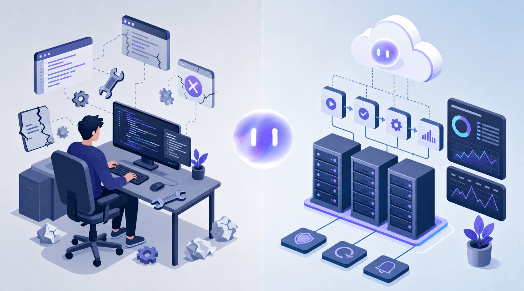 Two automation approaches side by side: in-house scripting with its maintenance overhead, and a managed cloud service