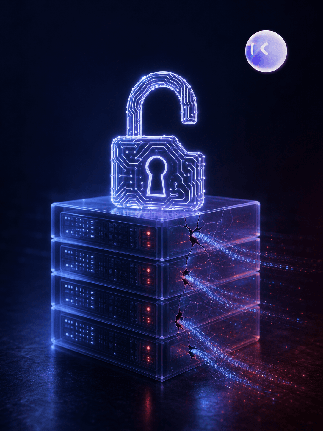 A moody, atmospheric digital illustration of an unlocked padlock made of glowing circuit lines, sitting on top of a translucent server stack, with faint streams of data particles leaking out from small cracks in the server casing. Dark navy background with subtle blue and red accent lighting to convey exposure and vulnerability. Clean, modern tech illustration style, no text, no words, no letters, no UI elements.