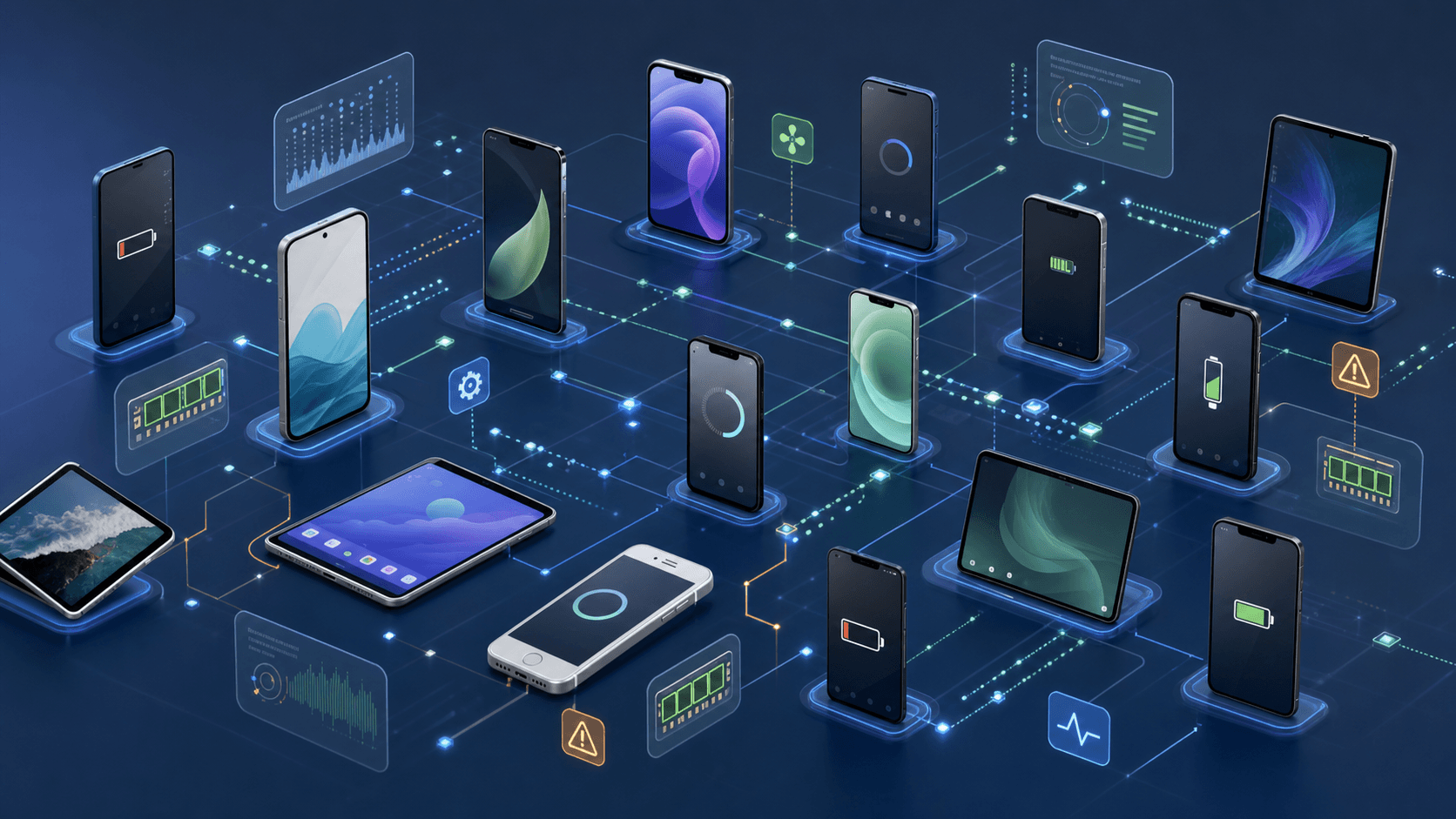 A grid of Android and iOS devices of varying sizes, some showing low battery, memory warnings or background activity