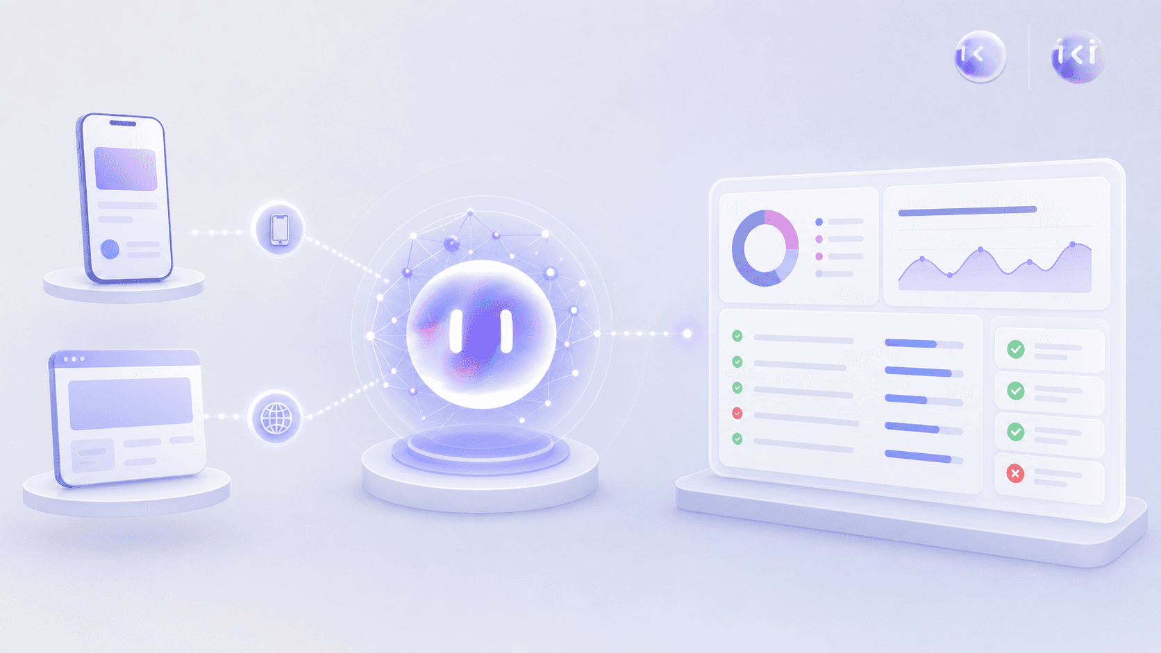 A clean, modern illustration showing an autonomous AI agent testing workflow: a central intelligent node or neural network pattern connected to a dashboard displaying test coverage results, session traces, and pass/fail status indicators, with subtle icons for mobile and web app screens feeding into the agent. Professional tech illustration style, blues and grays color scheme, minimalist design, no text or labels.