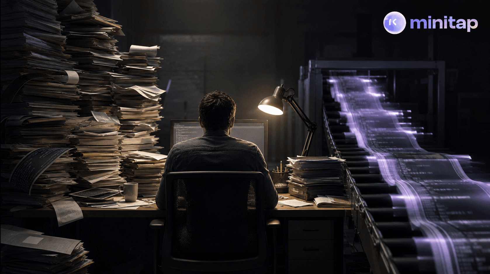 A developer at a desk surrounded by stacks of overflowing paper files and code printouts piling up on one side, while a fast-moving conveyor belt on the other side continuously delivers more code output, the desk overwhelmed and cluttered, dim overhead lighting with a single bright lamp, moody atmosphere conveying bottleneck and accumulation, no text or labels, realistic digital illustration style