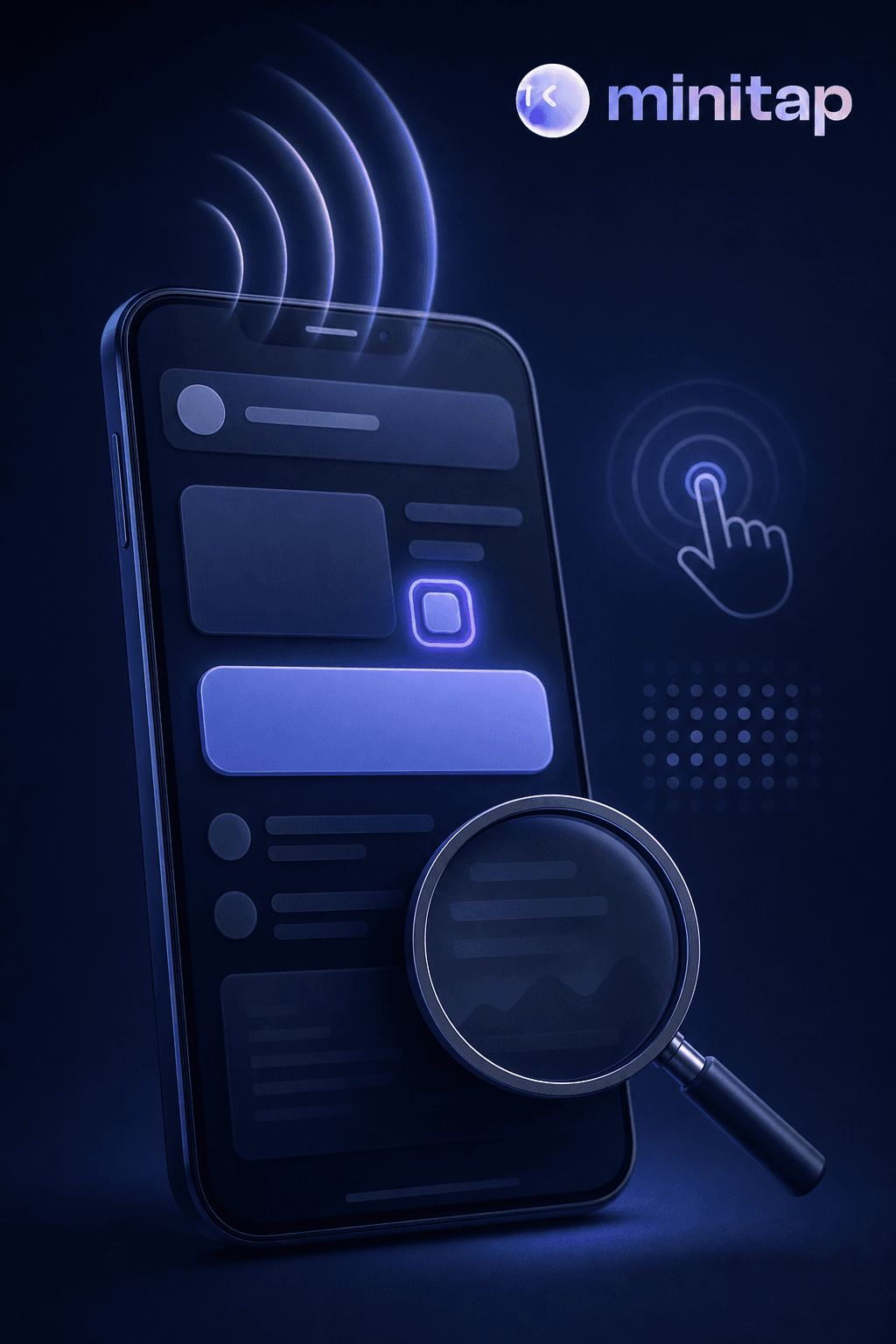 A moody, technical dark-blue tech illustration of a smartphone screen showing an app interface, with visual motifs representing accessibility testing: a glowing outline highlighting a small touch target near a larger button, soft radiating waves suggesting a screen reader voice emanating from the phone speaker, and a subtle low-contrast text block fading against a background to suggest a contrast issue. Soft glowing UI elements, magnifying glass icon inspecting the screen, no text or letters anywhere in the image.
