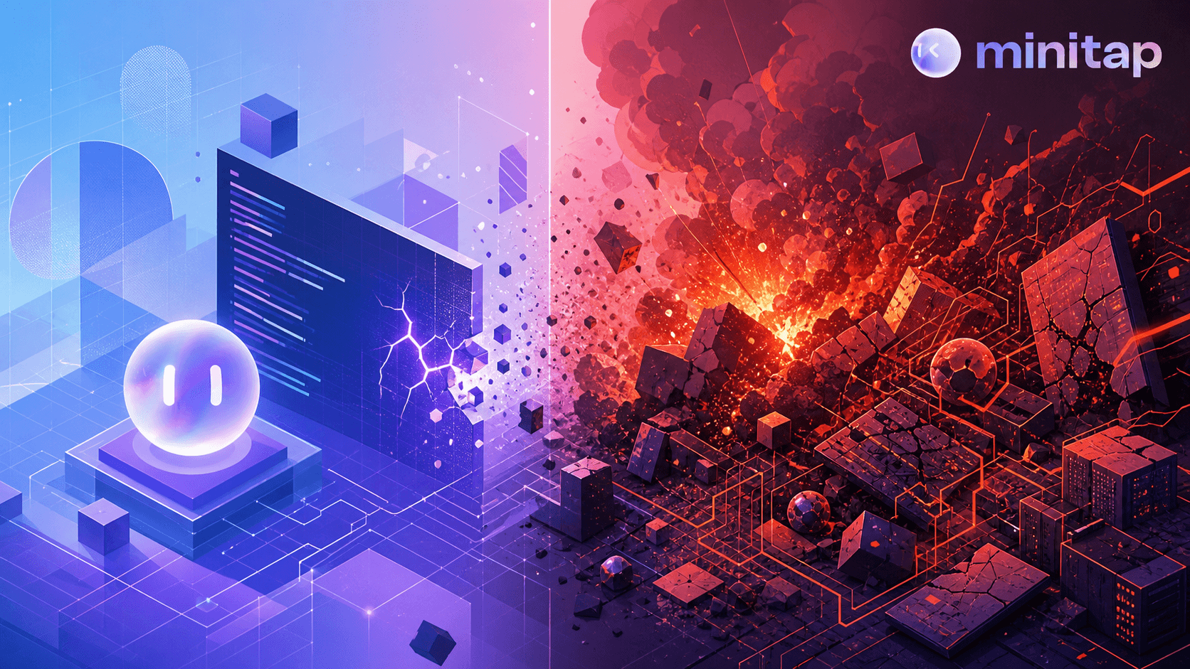 A dramatic visual metaphor showing the exponential cost of software defects caught at different stages: a small crack in code at development stage versus a massive explosion of broken systems and cascading failures at production stage, depicted as an abstract split-scene illustration with cool blues and purples on the left (early detection, contained, minimal damage) transitioning to fiery reds and oranges on the right (production failure, large-scale collapse), using geometric abstract shapes and circuit board patterns, no text or labels anywhere