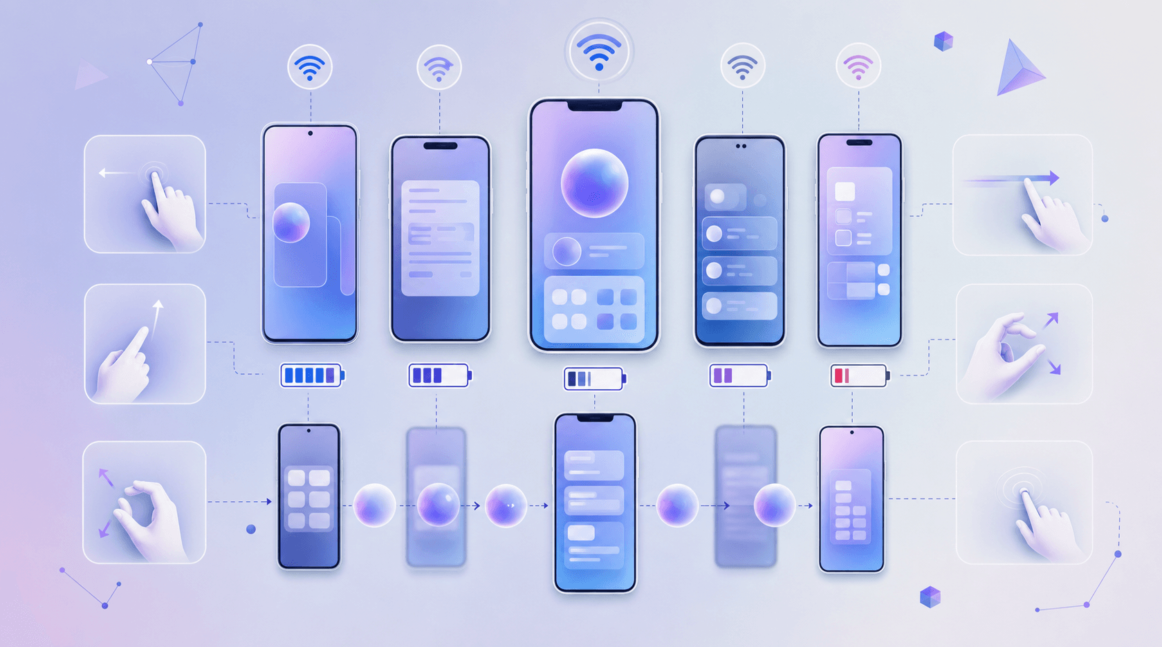 Mobile testing variables across a grid of devices: varying signal strength, battery levels, swipe and pinch gestures, and foreground/background transitions