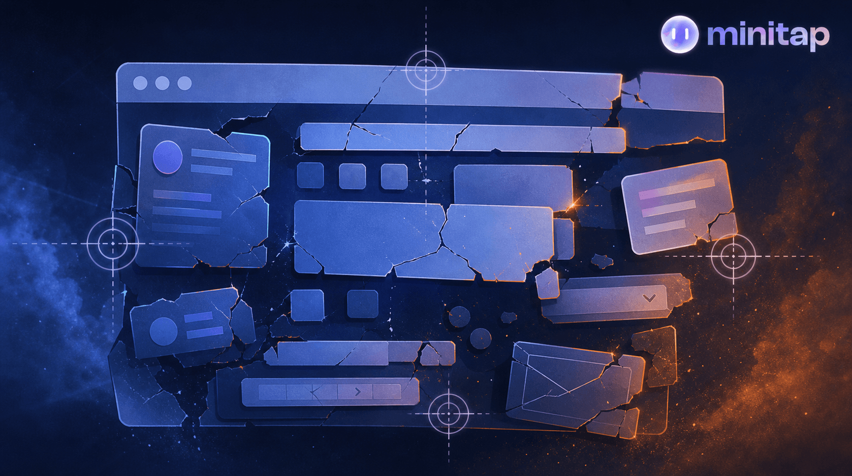 A digital illustration of a web browser window with a broken, fragmented UI layout — cracked outlines around buttons and form fields, some elements shifted or disconnected from their original positions, with faint dotted-line crosshairs and targeting reticles trying to lock onto the shifting elements. Moody blue and orange color palette, abstract tech/editorial style, conveying fragility and instability in a software interface. No text, no words, no letters.