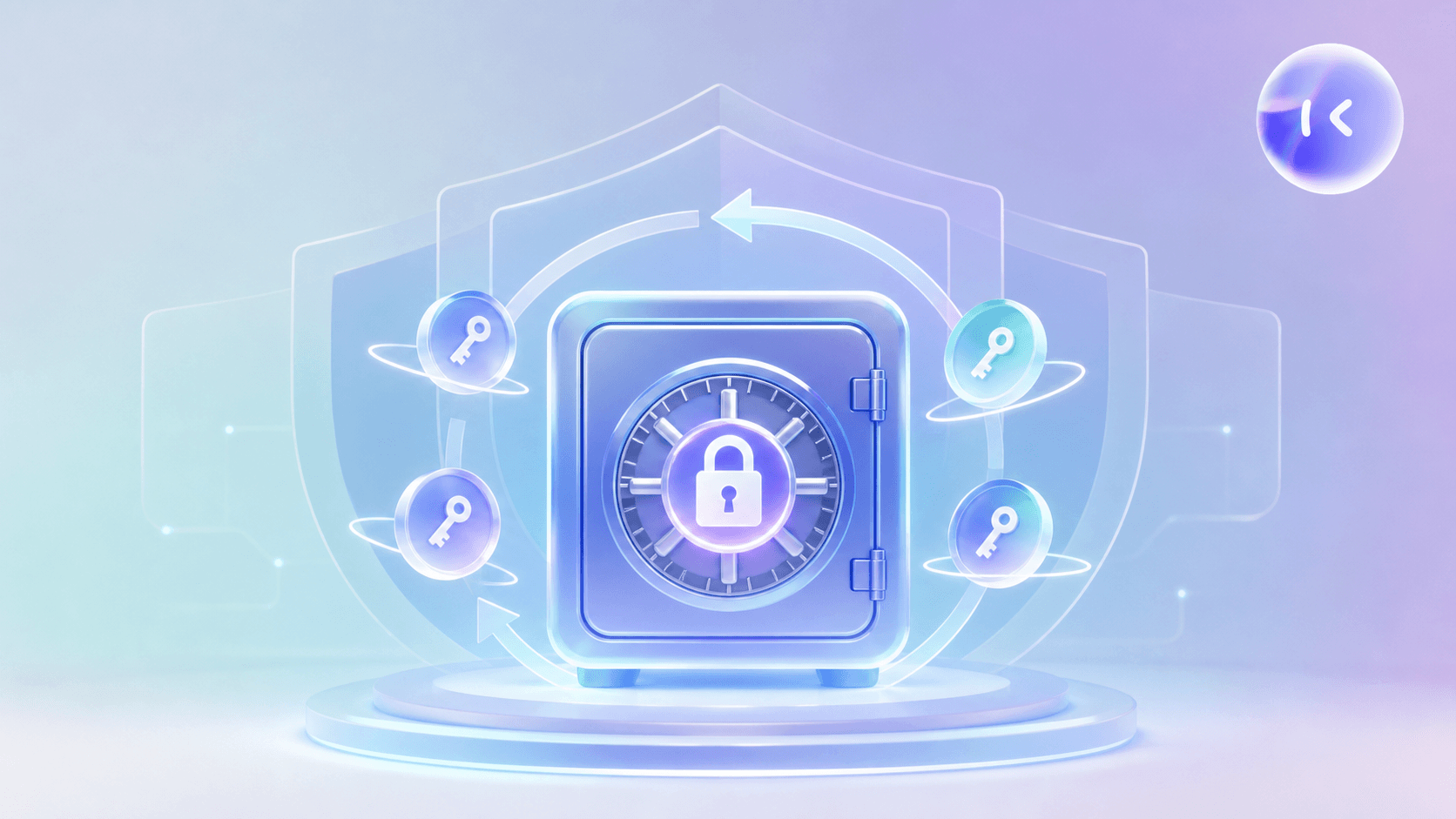 A conceptual tech illustration of secure digital credential management: an abstract vault or safe with a glowing padlock at its center, surrounded by orbiting key-shaped icons and rotating circular arrows suggesting credential rotation, layered translucent security shields in the background. Cool blue and teal color palette, clean modern minimalist tech illustration style, soft gradients, no text or letters anywhere in the image.