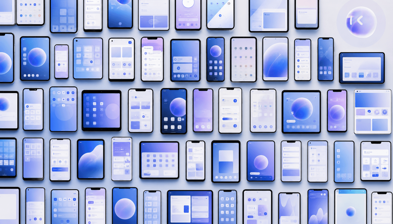 A wide illustration showing a grid-like array of many different smartphones and tablets of varying sizes and shapes, each displaying slightly different screen layouts, arranged in a mosaic pattern to convey device and OS fragmentation. Clean, modern tech illustration style with a cool blue and gray color palette, subtle depth and shadow, no text, no words, no letters, no logos.