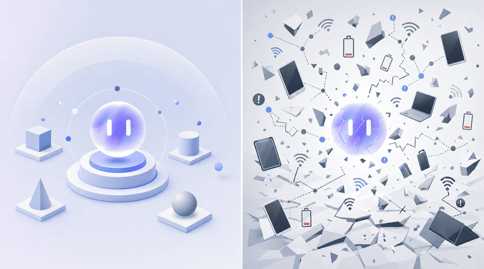 A technical diagram showing two contrasting environments: on the left, a clean, controlled testing environment with organized geometric shapes and perfect conditions; on the right, a chaotic production environment with fragmented elements, variable network signals, scattered device icons of different sizes, low battery indicators, and interrupted connection paths. Use a modern, minimal style with blue and gray tones. No text or letters.