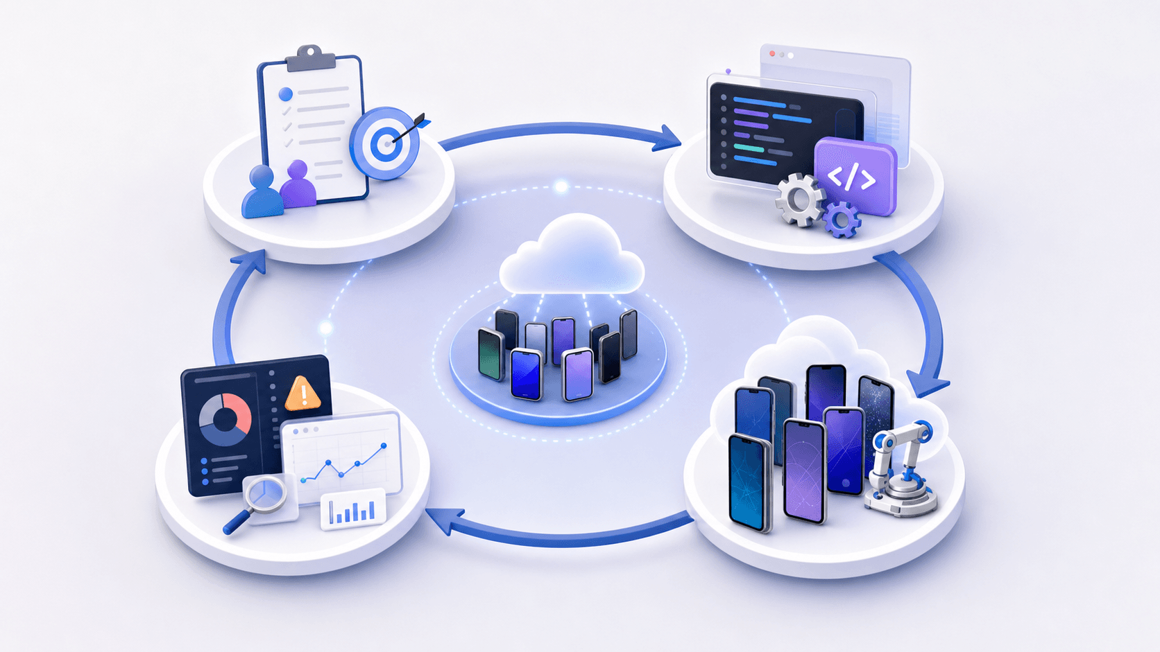 The managed QA cycle: onboarding and scoping, test authoring, continuous execution across devices, then reporting and triage