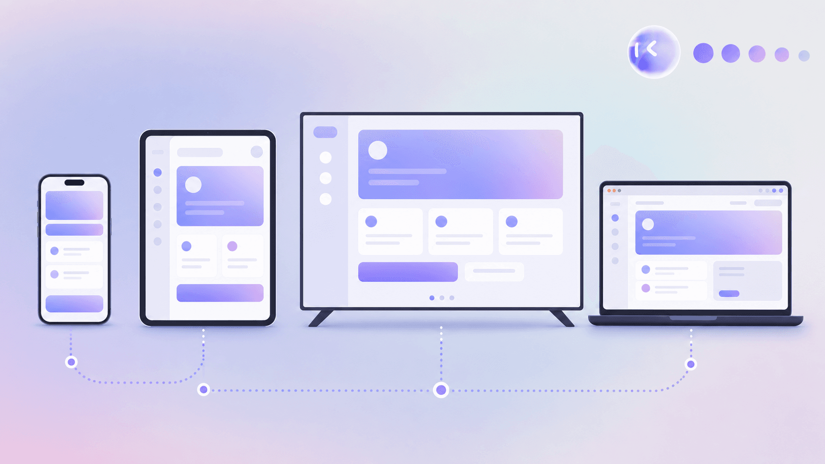 A clean modern flat vector illustration showing multiple device types side by side - a smartphone, a tablet, a smart TV, and a laptop browser window - each displaying abstract app interface elements like cards, buttons, and navigation bars, connected by subtle dotted lines suggesting synchronized testing across platforms, soft blue and purple gradient background, minimalist abstract style, no text or letters visible anywhere in the image