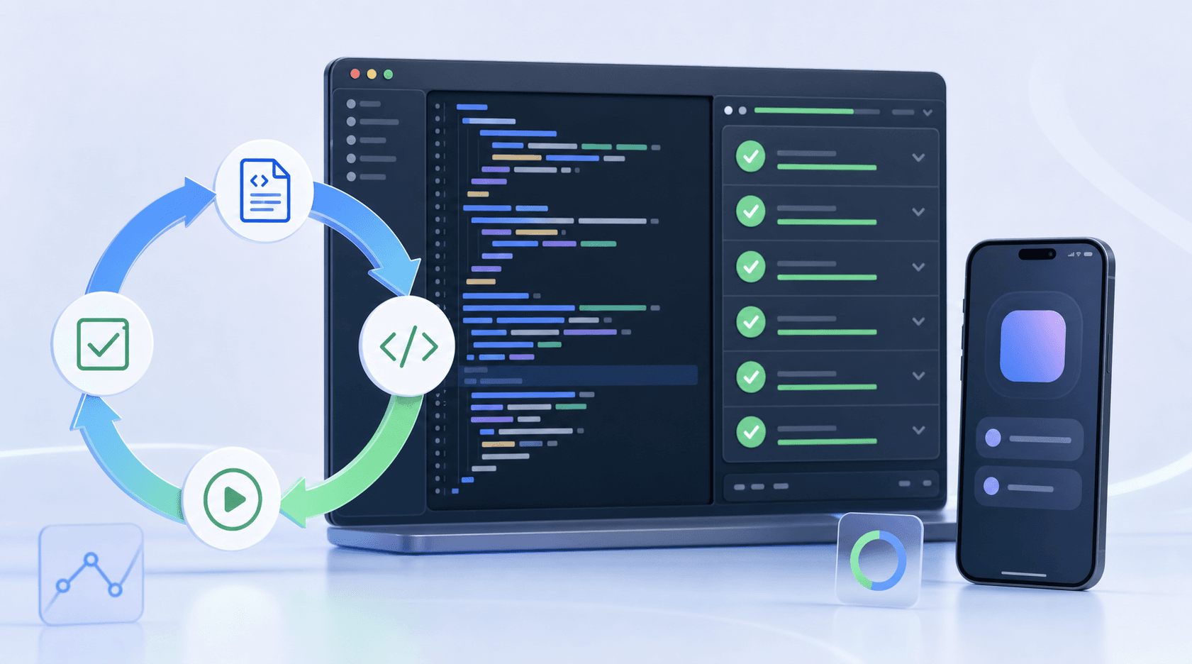 A code editor beside a passing test panel, with the write-test, write-code, run-tests, confirm loop shown alongside
