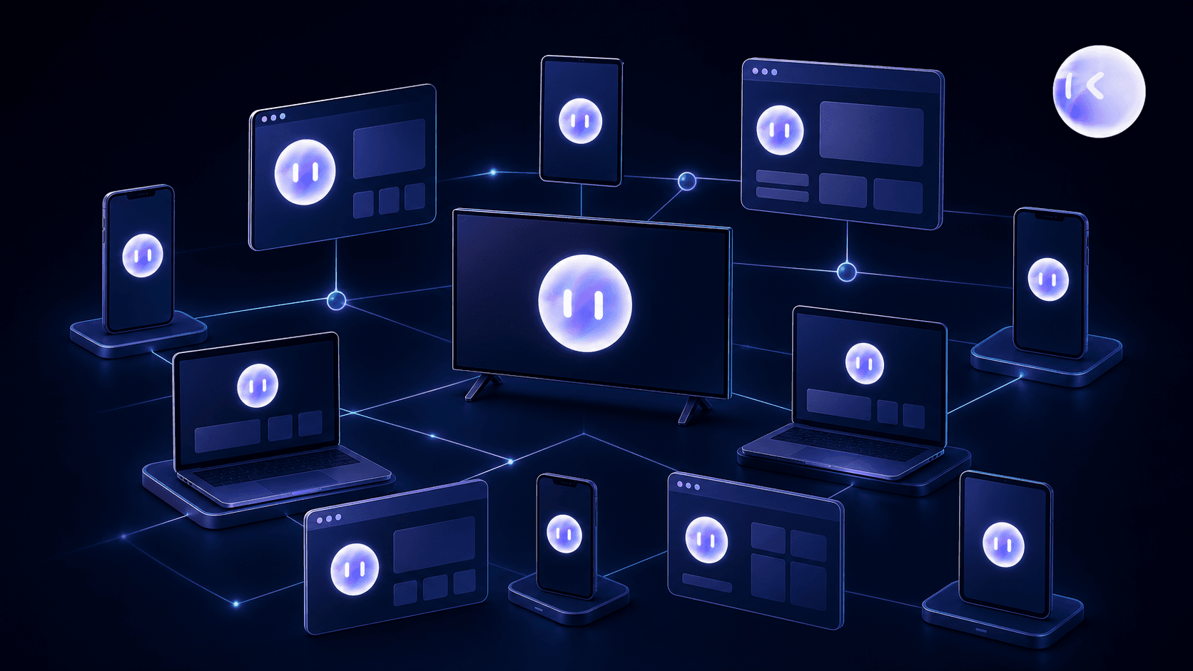 A wide, moody tech illustration showing an abstract grid of diverse devices — smartphones, tablets, a television screen, and browser windows — arranged in a matrix formation, connected by thin glowing lines to suggest interlocking complexity. Use a dark navy background with cool blue and teal accent lighting, clean geometric shapes, subtle depth, no text, no words, no letters, no UI text, minimalist and modern editorial illustration style.