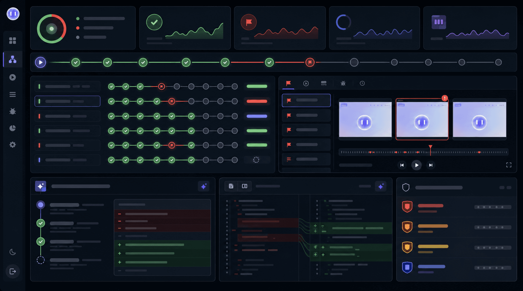 An autonomous QA dashboard with test result panels, session recordings clipped to failure frames, parallel run lanes and severity badges