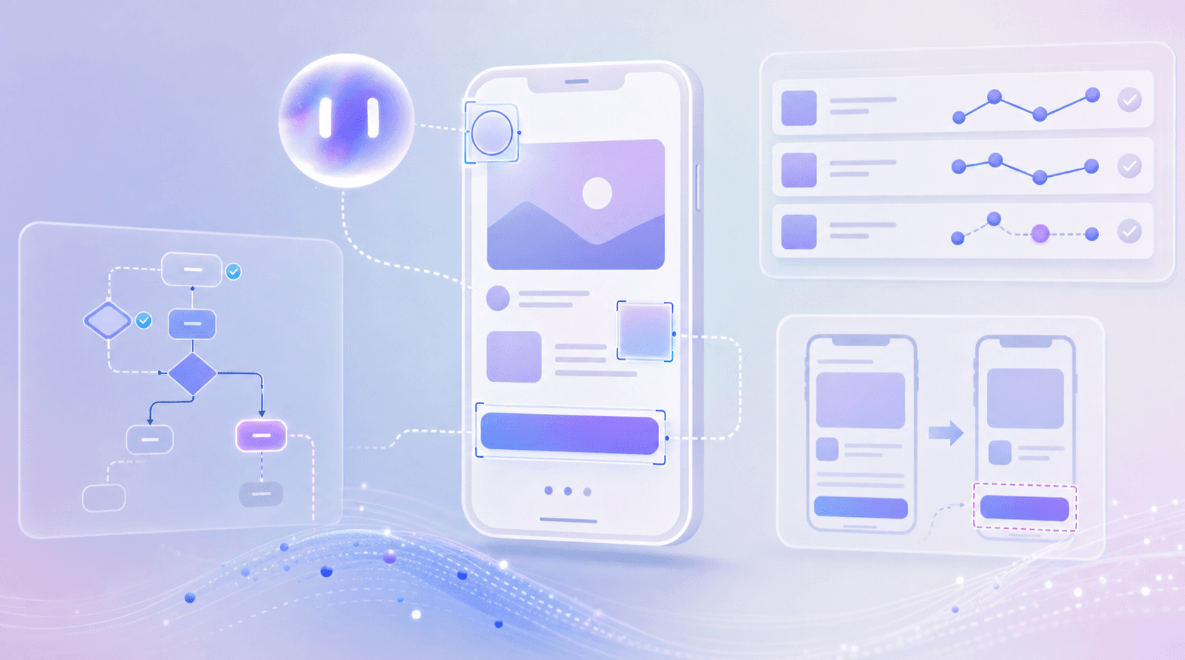 A modern software testing environment with an AI agent analyzing a mobile app interface, showing abstract representations of test flows, adaptive algorithms detecting UI elements, and self-healing test paths adjusting to changes, in a clean tech illustration style with blue and purple gradients
