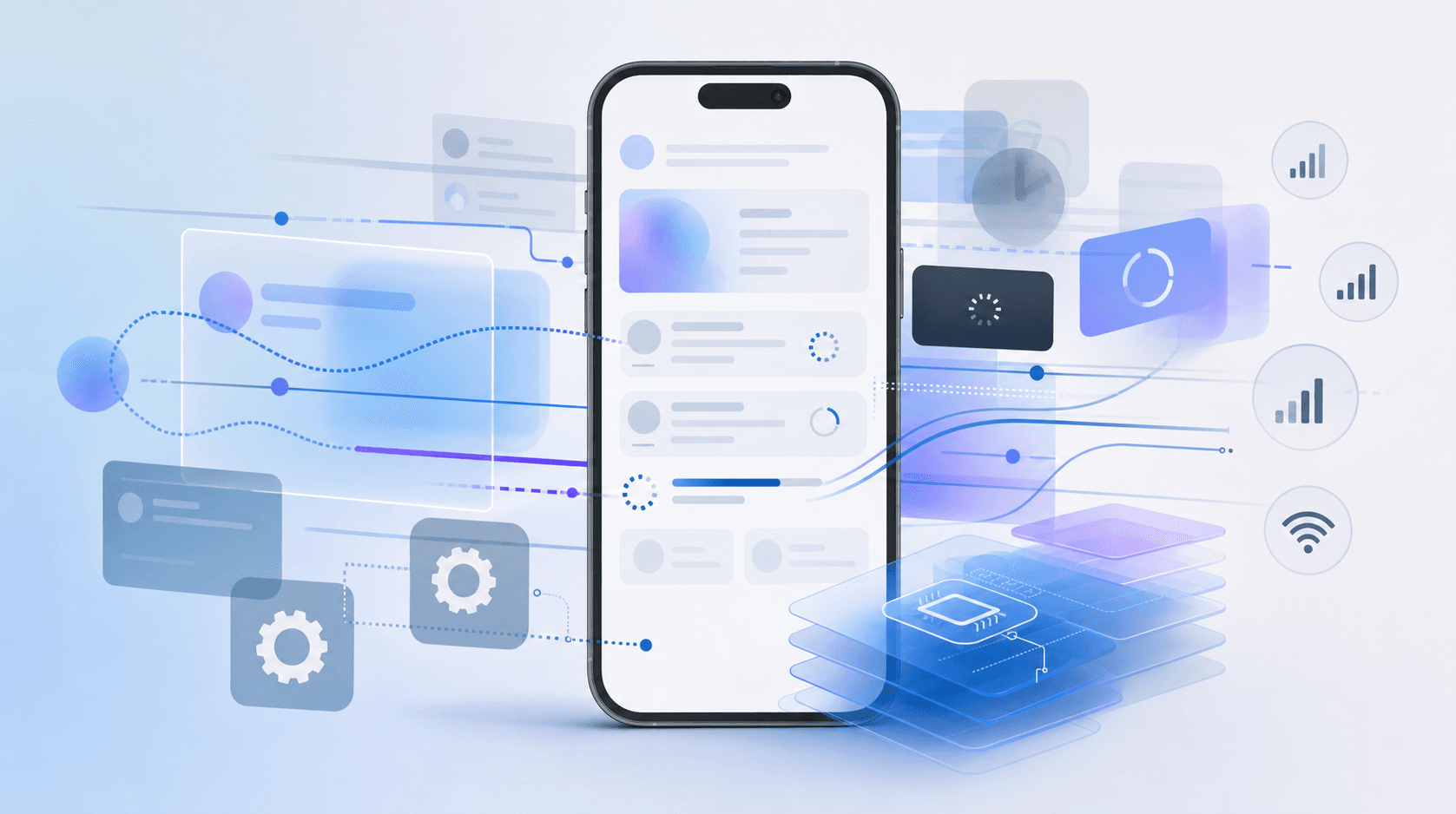 Overlapping timelines, half-finished animations, varying signal strength and competing background processes on a phone screen