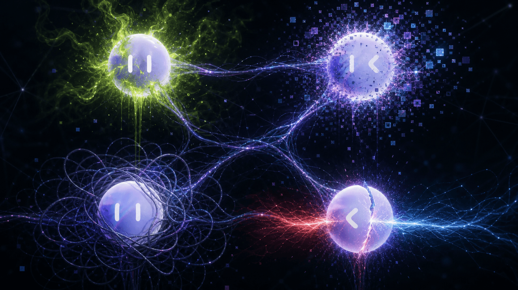 A dark-themed abstract digital illustration showing four interconnected glowing nodes in a neural network, each node visually degrading or corrupting in a different way — one node emitting a toxic green glow representing poisoning, one node surrounded by scattered fragmented data representing distraction, one node tangled in overlapping wires representing confusion, and one node split in two with conflicting signals represented by two clashing colored beams. The overall composition suggests a failing AI system with visual entropy spreading through the network connections.