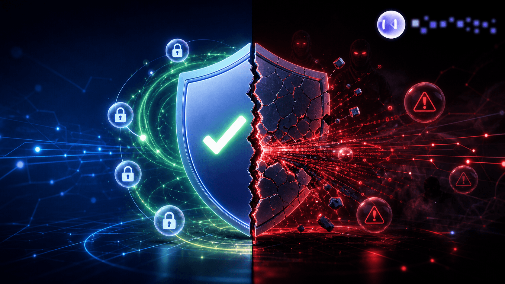 A dramatic split-scene visualization showing the contrast between perceived mobile security and actual vulnerability. On one side, a glowing shield icon surrounded by secure padlocks and a confident green checkmark aura, representing organizational confidence in their mobile app security. On the other side, the same shield cracked open with red warning signals, data streams leaking out, and shadowy breach indicators emerging from a dark background. Dark tech atmosphere with deep blue and red lighting, no text or labels anywhere.
