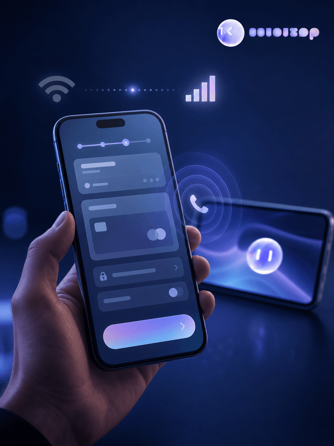 A smartphone held mid-air showing a checkout or form screen, with visual motifs suggesting interruption and transition: a subtle Wi-Fi signal icon fading into a cellular signal icon, a faint incoming call ripple overlay, and a second phone in the background rotated sideways. Moody, technical, dark-blue tech illustration style with soft glowing UI elements, no text or letters anywhere in the image.
