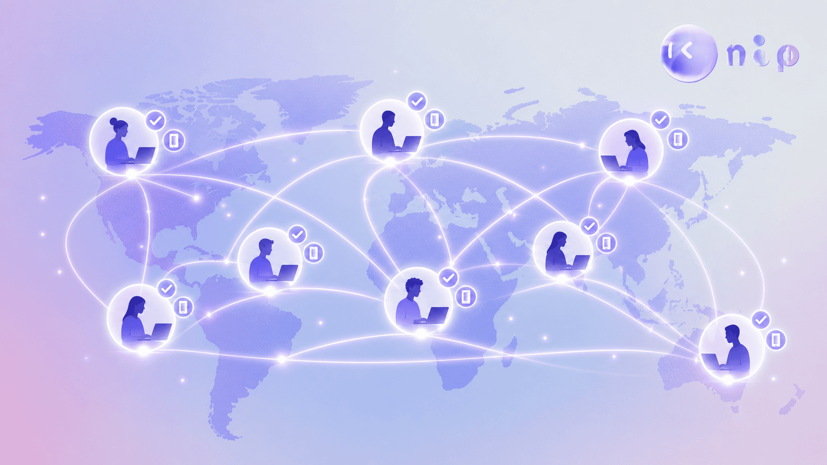 A wide, modern illustration representing a global network of human software testers collaborating remotely — abstract human silhouettes at laptops connected by glowing lines across a stylized world map, with small icons suggesting mobile phones and checkmarks near each node. Clean tech-forward style, soft blue and purple gradient lighting, minimalist flat design, no text or letters anywhere in the image.