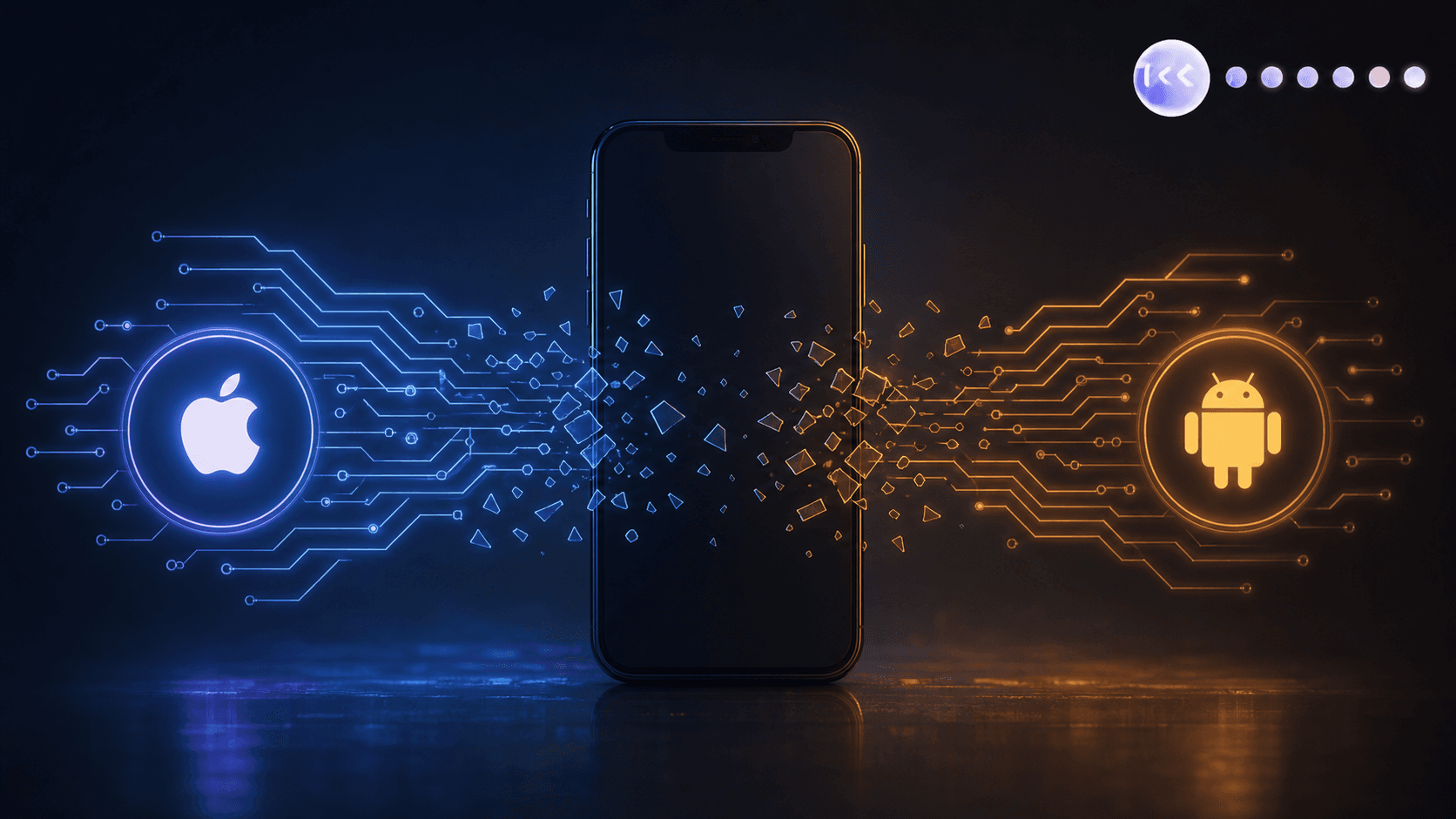 A split-screen visualization showing a smartphone with iOS and Android icons on opposite sides, connected by abstract circuit pathways that fragment and break apart in the middle, representing mobile app test fragmentation and broken test selectors, dark background with cool blue and amber glowing lines, no UI elements or screens shown, cinematic lighting, abstract and technical mood