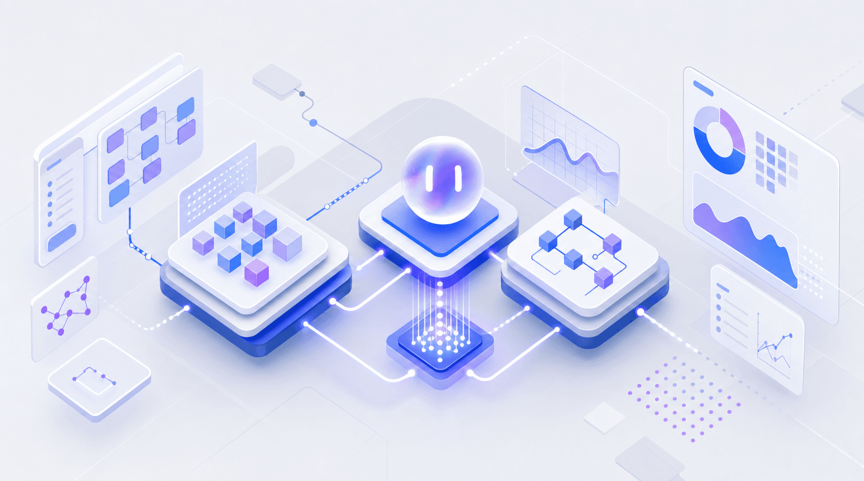 An autonomous QA pipeline drawn as connected nodes and data flows: test generation feeding execution, then reporting