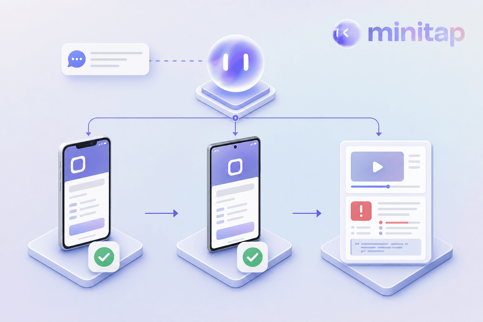 A plain-language test description driving an agent that runs the flow on an iOS simulator and an Android emulator, returning a recording and a root cause report