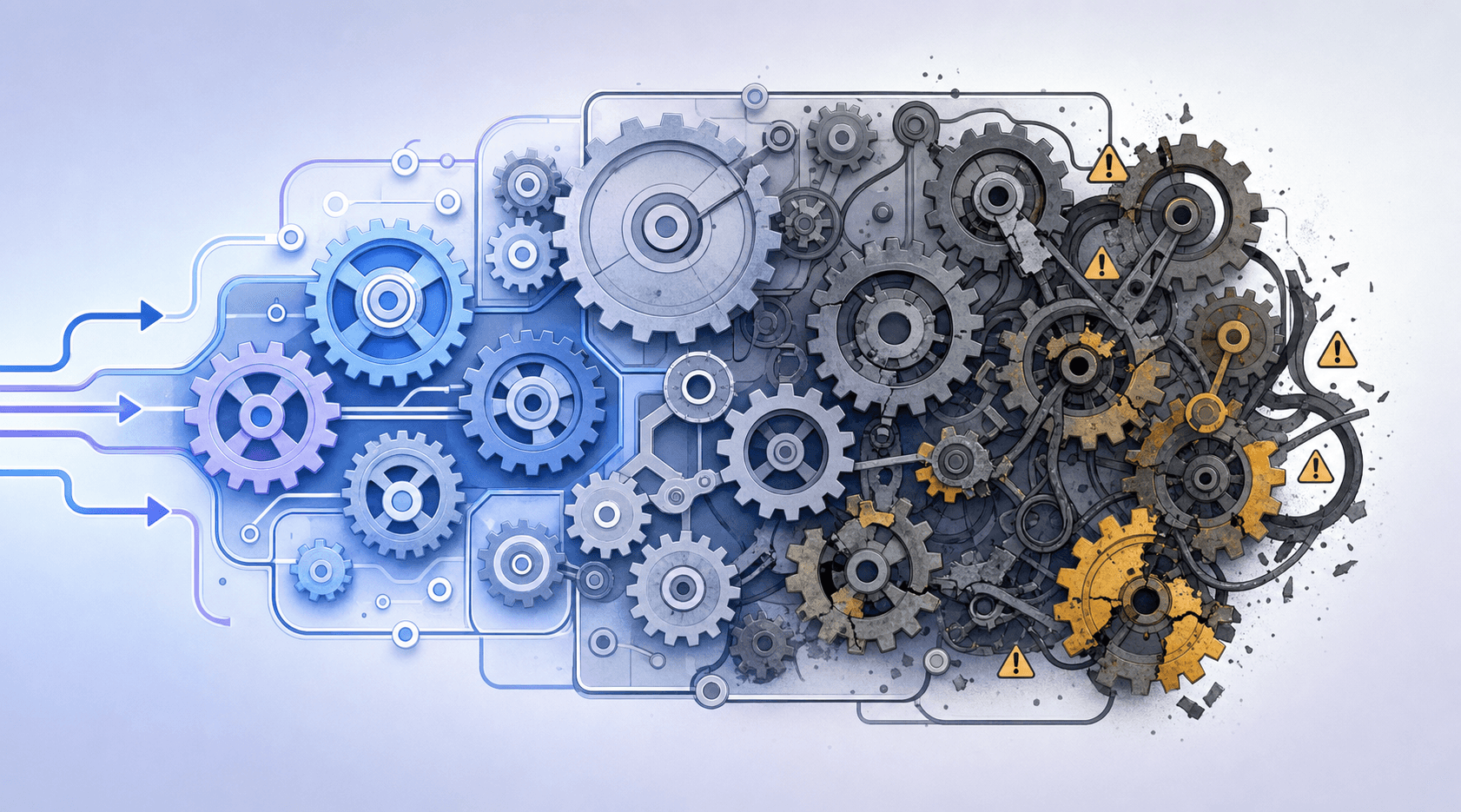 Interlocking gears, some running smoothly and others jammed, representing test maintenance burden and technical debt