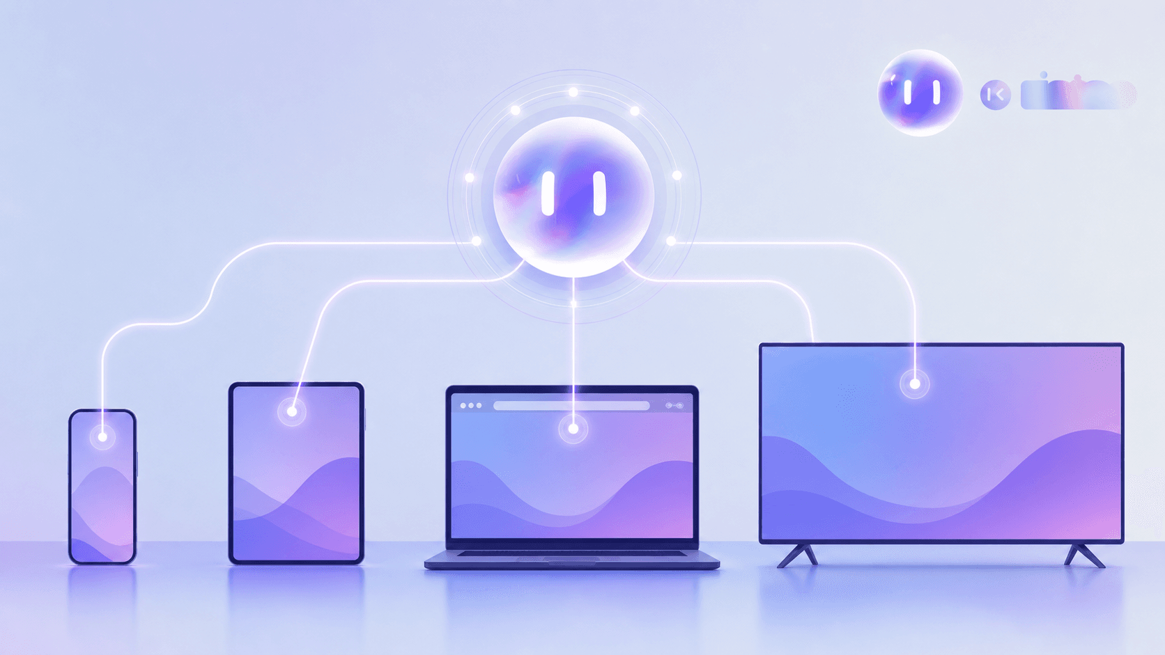 A wide, modern illustration of an autonomous AI testing agent running parallel checks across a row of different devices — a smartphone, a tablet, a laptop browser window, and a smart TV screen — all connected by glowing network lines to a central abstract processor icon. Clean tech-forward style, soft blue and purple gradient lighting, minimalist flat design, no text or letters anywhere in the image.