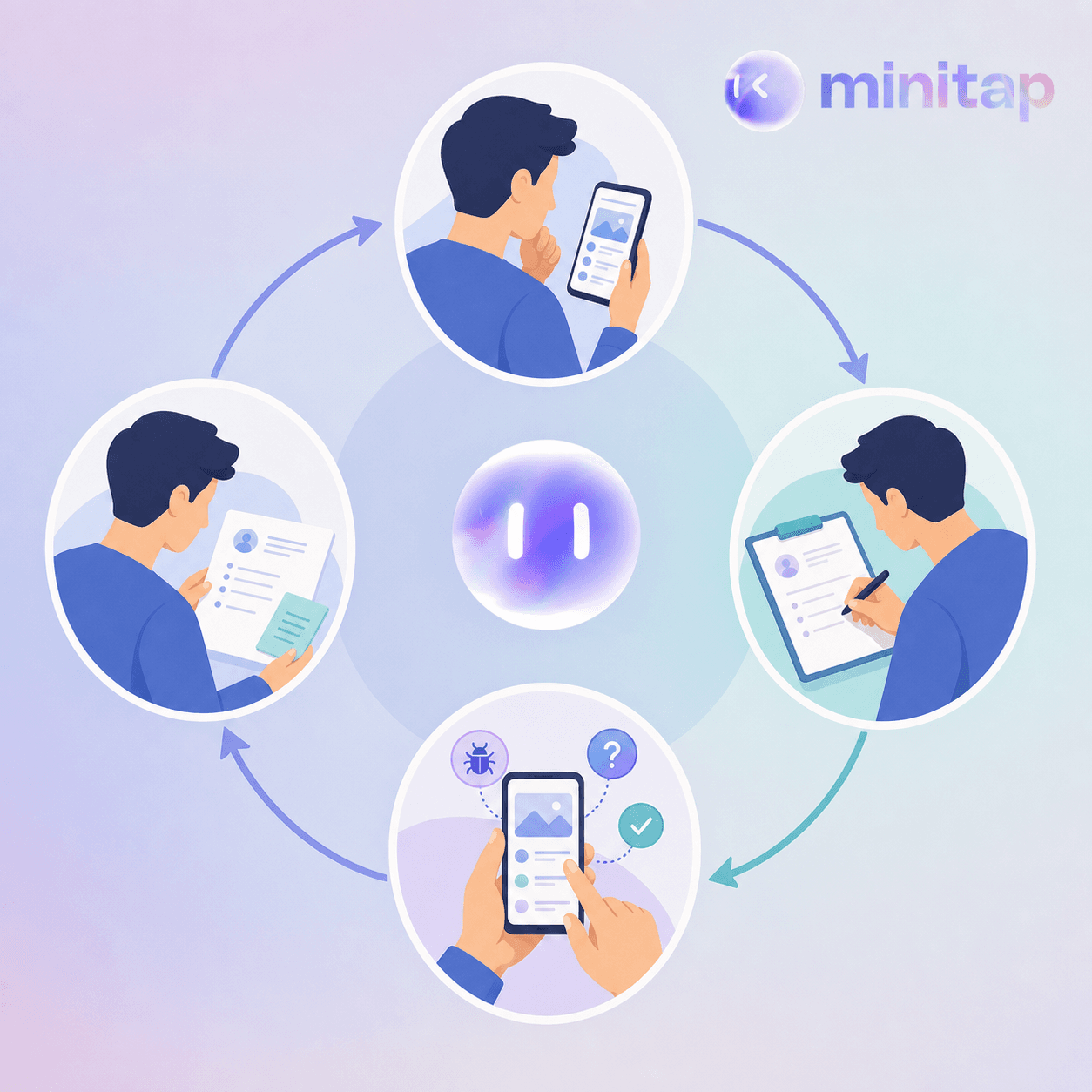 A clean circular diagram showing four connected stages of a testing workflow cycle: a person studying a mobile app interface, then writing notes on a charter document, then actively tapping and exploring the app with annotations appearing around it, then reviewing session notes and findings — depicted as a smooth looping process with arrows connecting each stage, flat design illustration style, no text or labels, soft professional color palette of blues and teals