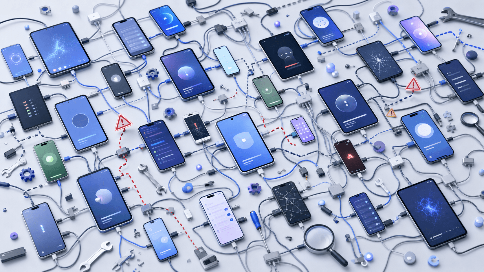 Phones and tablets sprawling across a tangled network of test connections, with broken links and warning symbols conveying maintenance burden