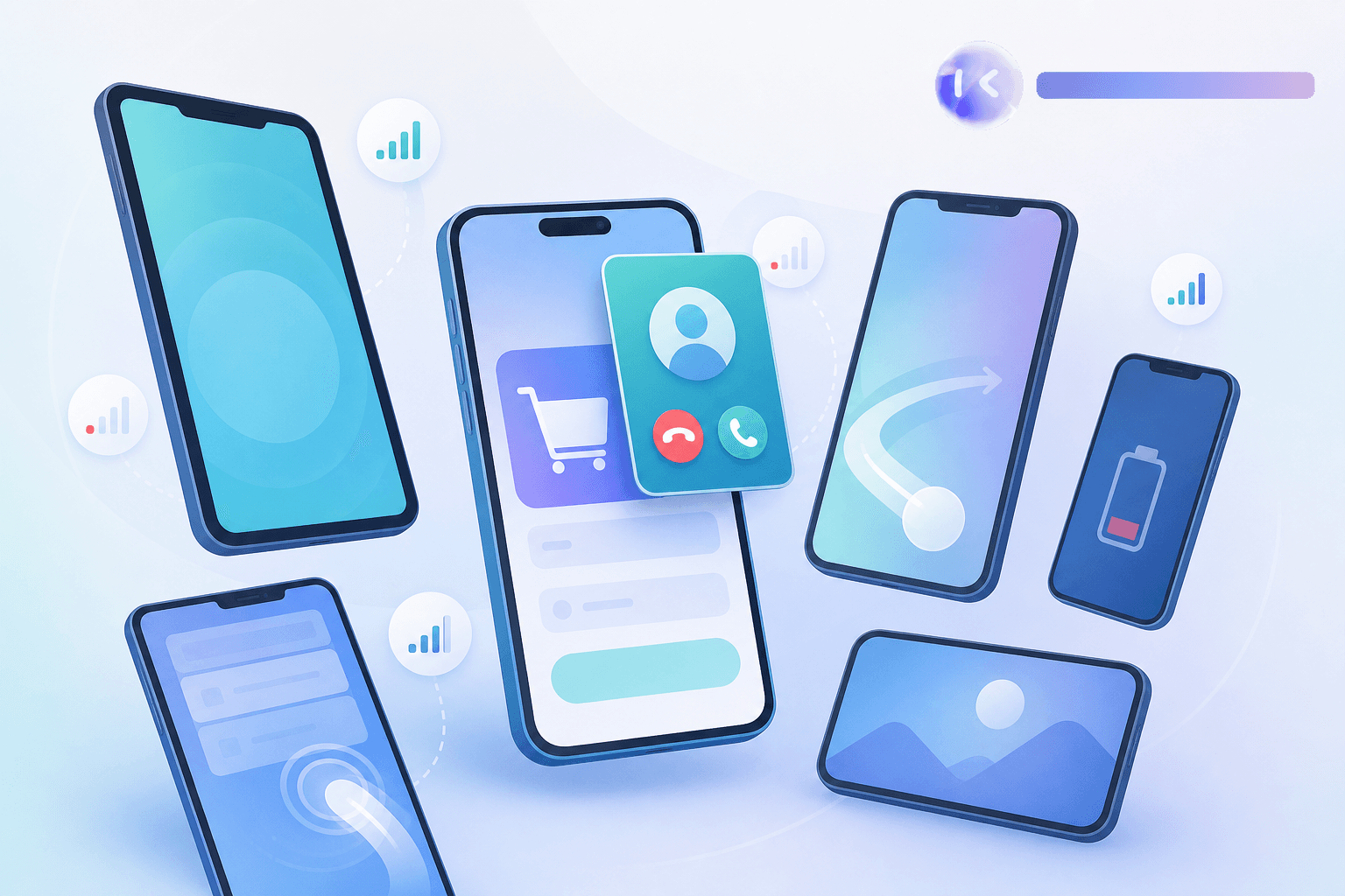 A flat design illustration showing the complexity of mobile app testing across multiple devices: several smartphones and tablets of different sizes floating in a clean composition, with visual indicators of network signal strength varying between full bars and empty, an incoming call notification overlapping a shopping cart screen, a battery warning icon, and gesture swipe trails on screens — all depicted in a soft professional palette of blues and teals, no text or labels anywhere in the image