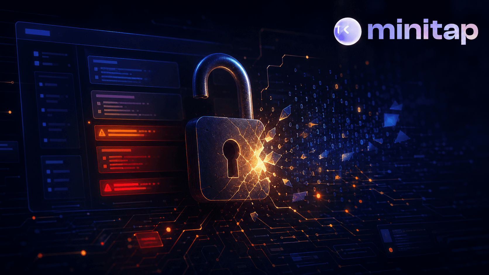 A dark, moody digital illustration of an abstract software interface with glowing code blocks, some segments highlighted in warning red and orange to suggest hidden vulnerabilities, cracks of light breaking through a padlock icon that is slightly open, surrounded by fragmented binary patterns and circuit-like lines, conveying hidden security risk beneath a functional-looking application. Cinematic lighting, dark blue and amber palette, no text, no words, no letters.