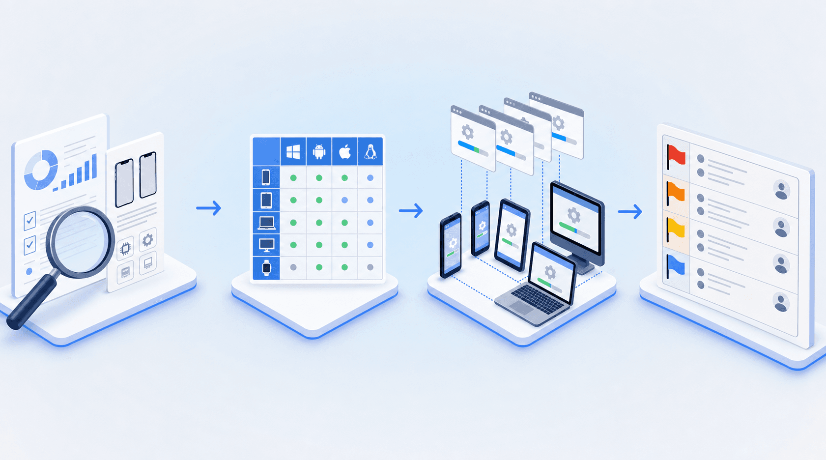 A compatibility workflow: analyse usage data, build an OS and device matrix, run tests in parallel, then triage findings by severity
