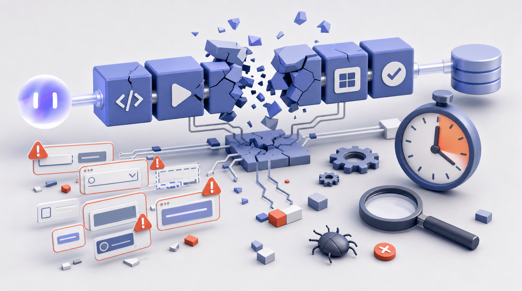 A fragile test pipeline: fractured code blocks, broken selectors flagged with warnings, and a clock showing slow execution